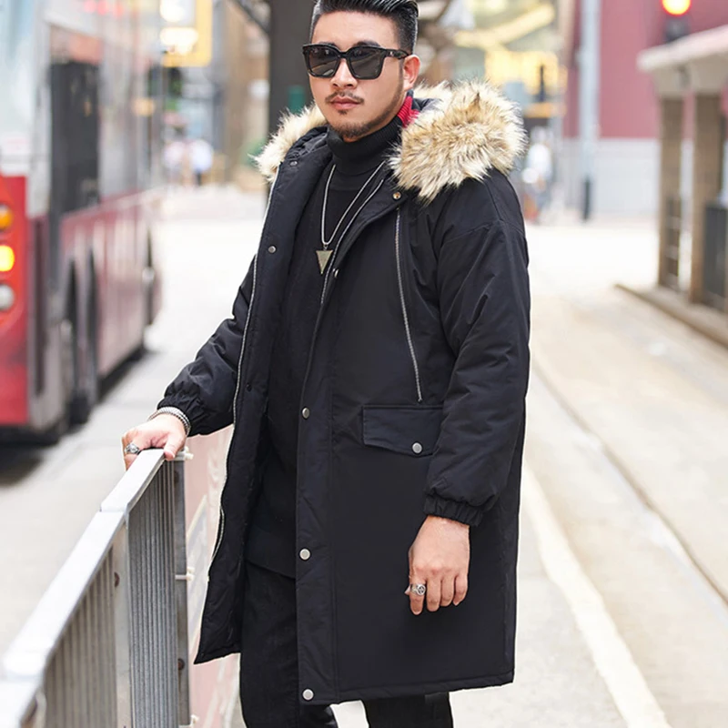 Gersri new winter men's cotton jacket high quality fur hat male's jackets thick warm fur collar jacket plus size clothing - Цвет: Черный