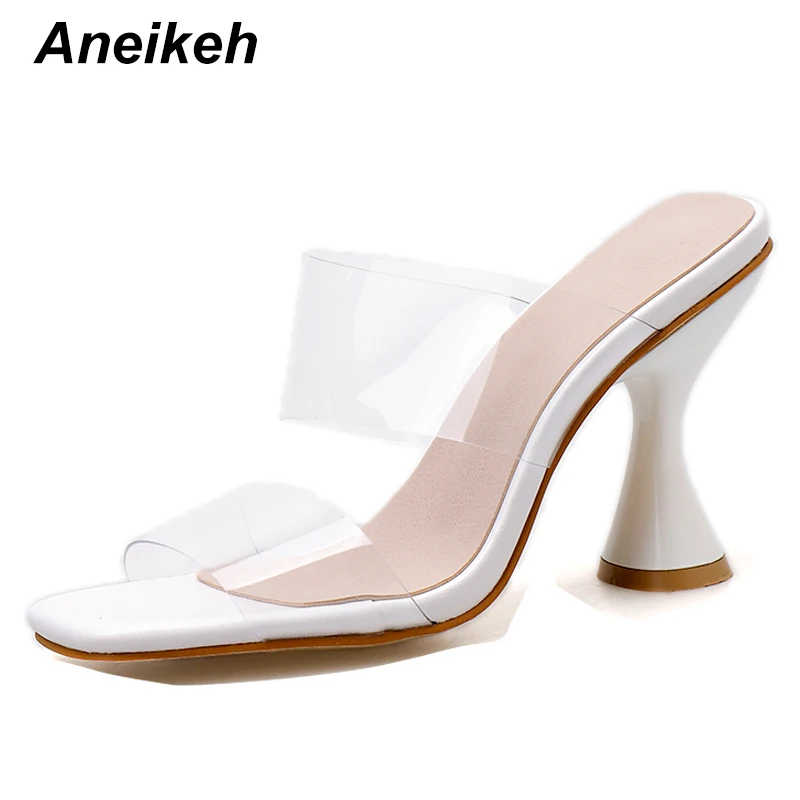 white Aneikeh/модные тапочки из ПВХ женские вьетнамки на высоком каблуке с квадратным носком; женские вечерние туфли-лодочки без застежки на тонком высоком каблуке размер 42 - Цвет: white