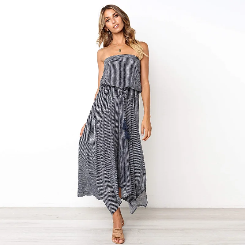 

Europe And America Spring And Summer Tube Top Stripes Printed Medium-length Dress Hem Irregular Waist Hugging Lace-up Dress Hot