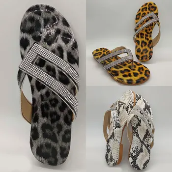 

Women Summer Slippers Leopard Print Rhinestone wild outdoor flip-flops Casual female beach slippers Snake pattern Lady Slippers