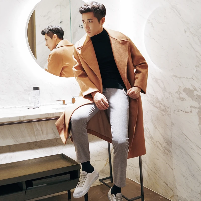 

AreMoMuWha 2019 Winter Woolen Coat Male Long Section Korean Loose Men's Casual Nizi Windbreaker Woolen Coat Mens Wool CoatQX1237