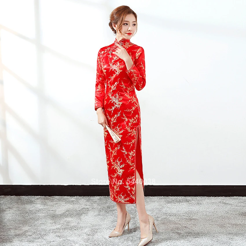 Китайский стиль традиционная одежда Cheongsam Qipao для женщин Винтаж невесты Свадебные красный узор печатных атласное платье длинное Vestido