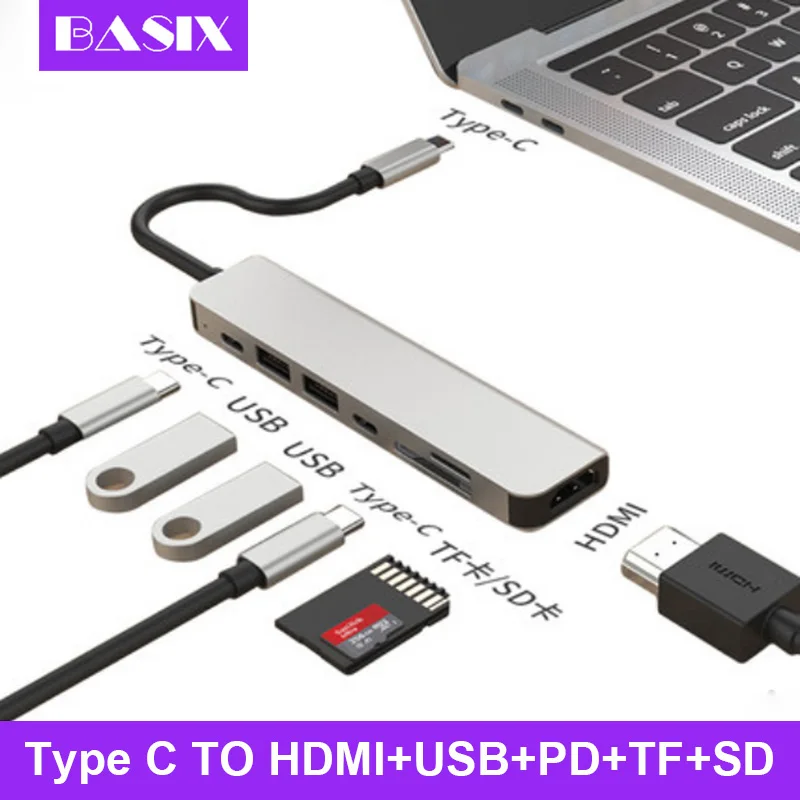 USB концентратор Basix с Type C на HDMI адаптер 4K Thunderbolt 3 концентратором 0 TF SD кардридер