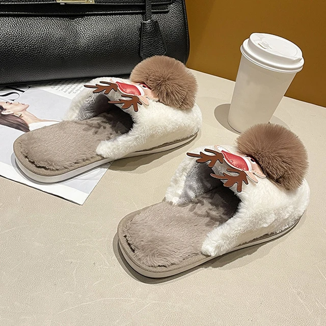 Christmas Elk Plush Home Slippers Women's Casual Winter Warm Shoes  Breathable Outdoor Slip On Deer Slippers Zapatos Mujer 2022 - AliExpress