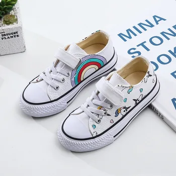 

SWONCO Children's Canvas Shoes Unicorn Print Girl Sneakers Hook Loop 2020 Spring Boy White Sneakers Black Vulcanize Sneaker
