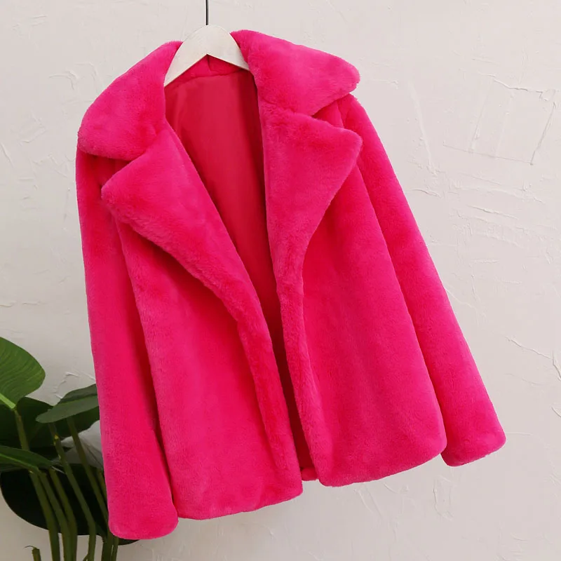 rose red fur jacket Мягкое леопардовое плюшевое пальто из кроличьего меха зимняя теплая лохматая куртка из искусственного меха пальто Ins уличная мода женское плотное розовое пальто - Цвет: rose red fur jacket