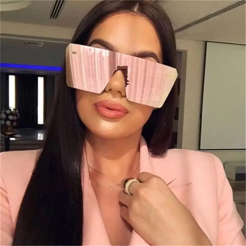 

Oversized Shield Frames Reflective Pink Square Sunglasses Women Flat Brow Mirror Glasses Fashion Designer Big Shades lunette UV