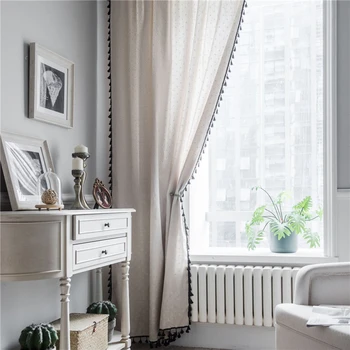 

Luxury Curtains Window Treatments Black Tassel Cotton Linen Semi-shading Cute Blinds Cortinas Home Kitchen Decoration