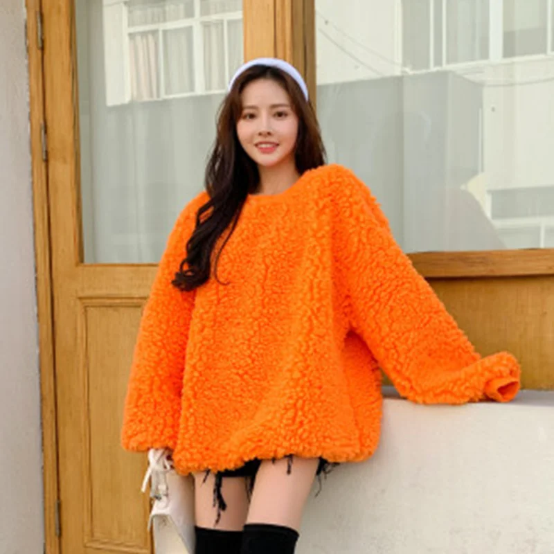 Корейский стиль; Цвет Макарон; искусственный свитер с мехом; милые зимние толстовки больших размеров для девочек; модные пуловеры из искусственной овечьей шерсти - Цвет: orange fur hoodies