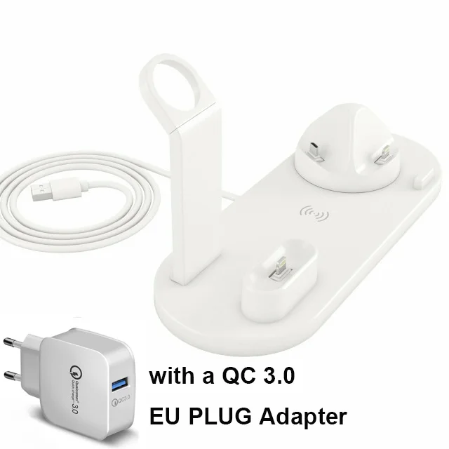 White with EU PLUG 4 в 1 Беспроводное зарядное устройство для iPhone X Xs Max XR 8 QI быстрая зарядная док-станция для Airpod Android смартфон подставка для Apple Watch - Тип штекера: White with EU PLUG