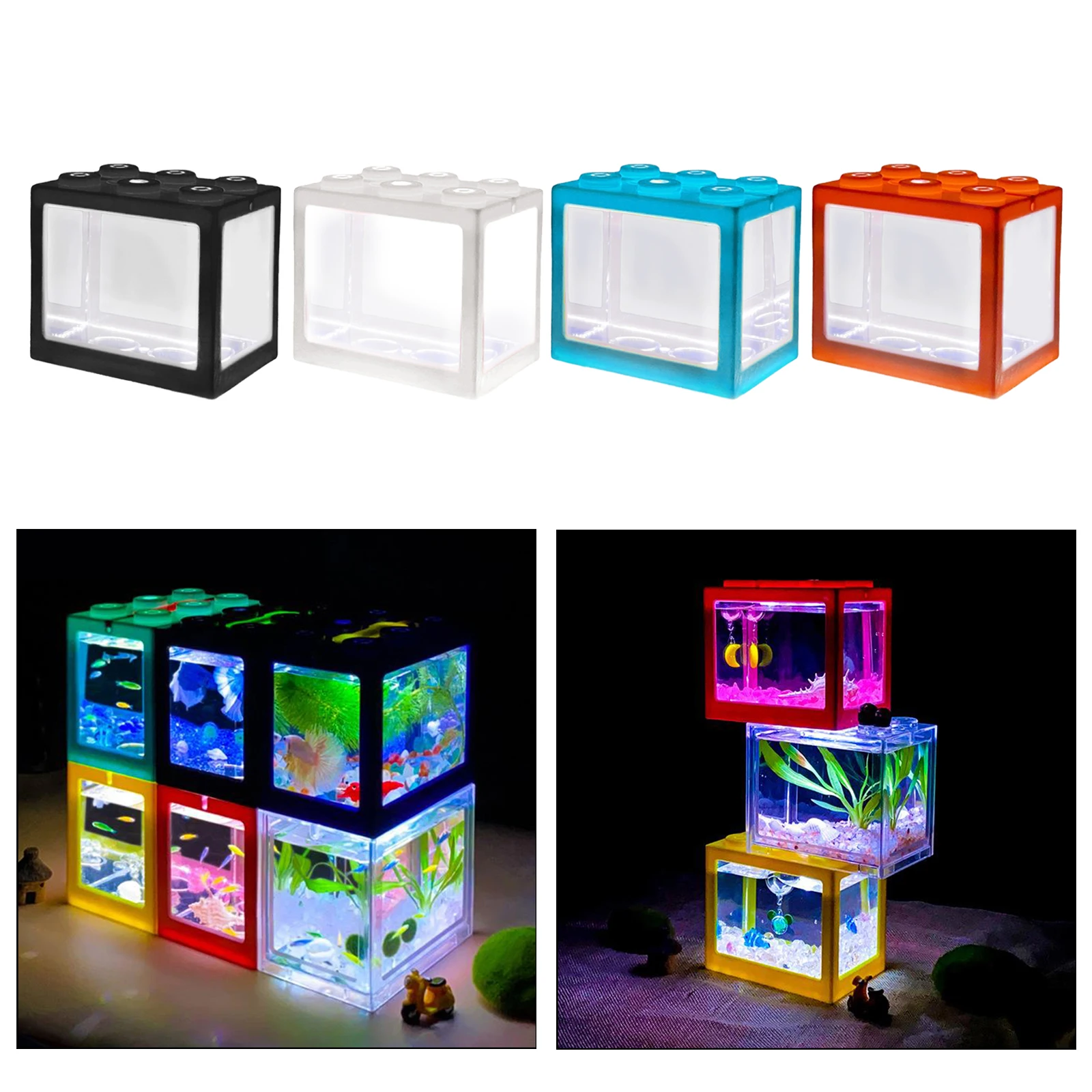 Betta Fish Mini Aquarium Creative Building Block Fish Tank Home Office Decoration Fish Bowl Feeding Box LED Light