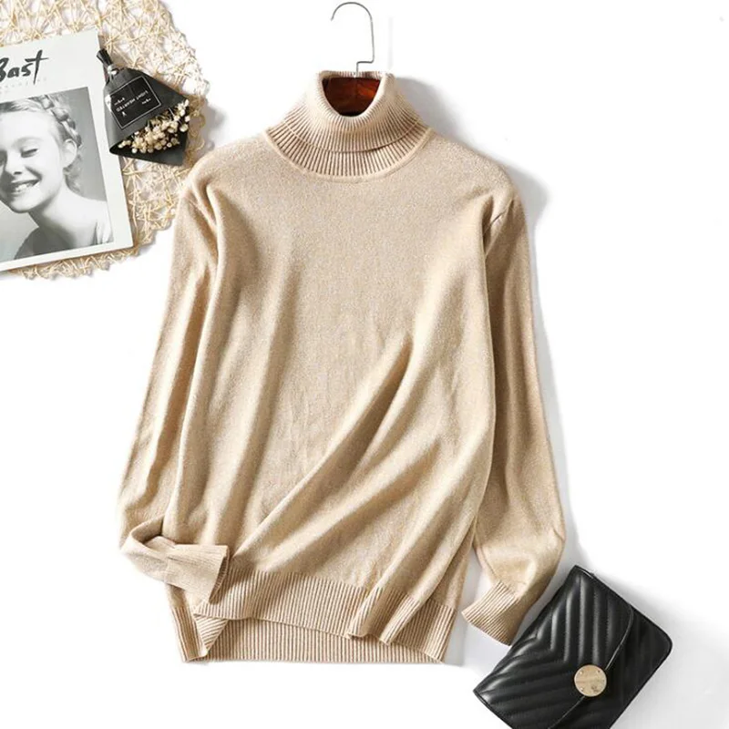 Sweater Women Shiny Lurex Autumn Winter Turtleneck Long Sleeve Knitted Pullover Basic Femme Jumpers Black White