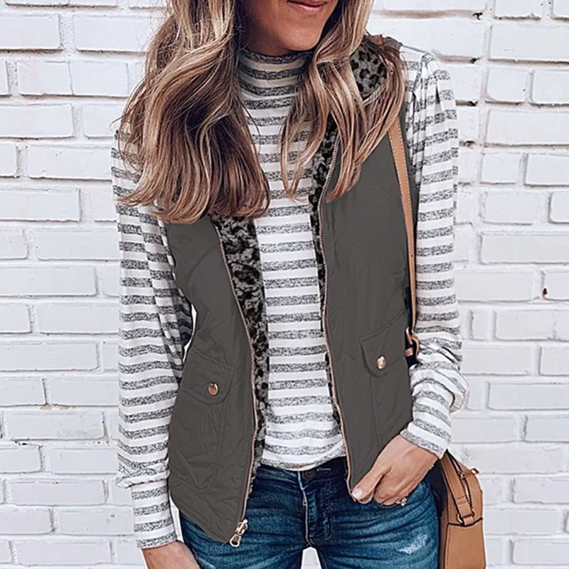 Autumn Sexy Women's Two-side Pocket Vest Coats Sleeveless Jacket Turn-Down Collar Lamb Cashmere Winter Leopard Zipper Warm Coat - Цвет: Gray