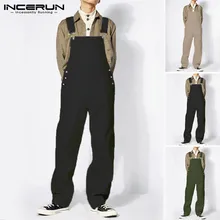 INCERUN/мужские комбинезоны, комбинезон для бега, одноцветные Свободные Комбинезоны с карманами на бретельках, модные подтяжки, прямые брюки для мужчин, уличная одежда