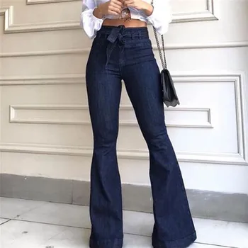 

Women High waist Wide Leg Pants Chic Streetwear office Casual Pants micro elastic strap flared pants sashes pants jeans