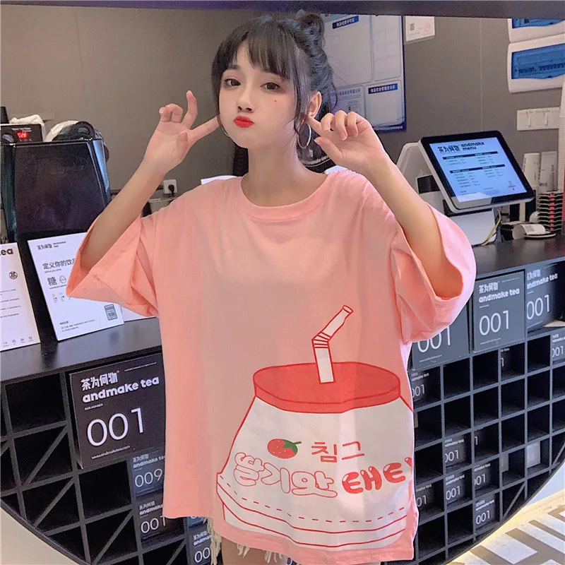 Японский в стиле Каваий Пояс с клубникой молочным принтом Футболка женская