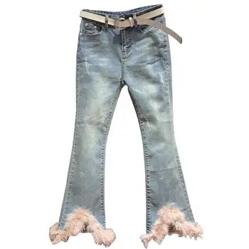 

2020 new Fur frayed stitching jeans women new denim women flared pants