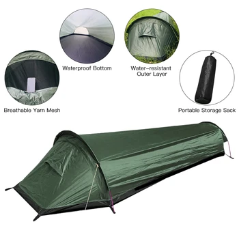 Tienda súper ligera, tienda individual, tienda verde militar 100% saco de dormir impermeable, adecuado para la supervivencia al aire libre
