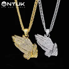 NYUK Trendy Liga de Cor Prata Ouro Fulled Cristal Duplo Orando Mãos Pingentes Hip Hop Homens Elo Da Cadeia Colares de Jóias de Festa(China)