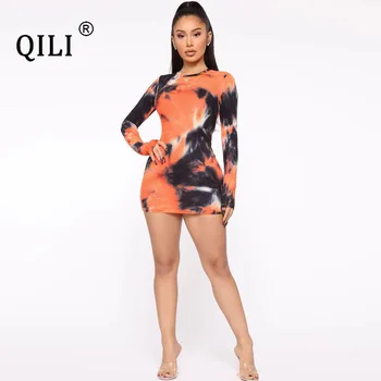 

QILI Full Sleeve Dress Tie Dye Print Wrap Short Dresses Women Sheath Mini Dress