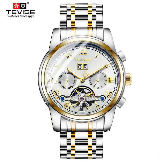 Роскошные мужские часы, автоматические механические часы, Топ бренд TEVISE, нержавеющая сталь, календарь, самовзводные наручные часы, турбийон - Цвет: Silver gold