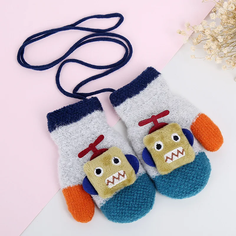 Серый Wecute Cute Cartoon Robot Baby Gloves Winter Wool Plus Thick Full Rope Finger Mittens Warm Knitted Gloves for Kids Boys Girls - Цвет: Серый