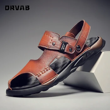 

Genuine Leather Sandals Men High Quality Male Comfortable Shoes Adulto Black Brown Slip-On Mens Sandals Summer Beach Sandals
