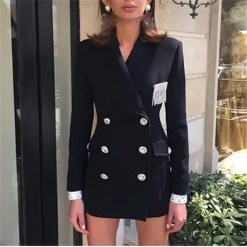 

HIGH STREET Newest 2018 Stylish Designer Blazer Women's Shawl Collar Strass Buttons Double Breasted Long Blazer Jacket