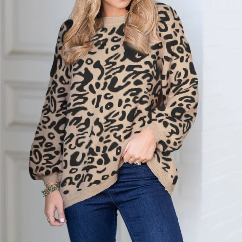 

Sweater women 2019 leopard print casual loose hot fashion autumn and winter lantern sleeve clothes women vestidos MMY77021