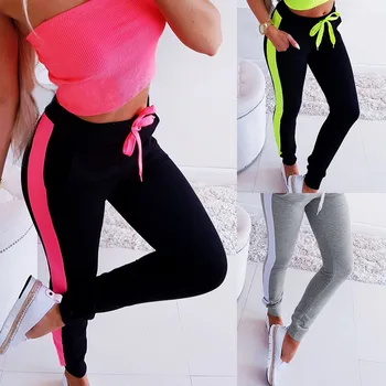 

Women Sweatpants Drawstring Design Side Stripe Mid Waist Pencil Pants Lady Summer Autumn Slim Hips Trousers for Sport Streetwear