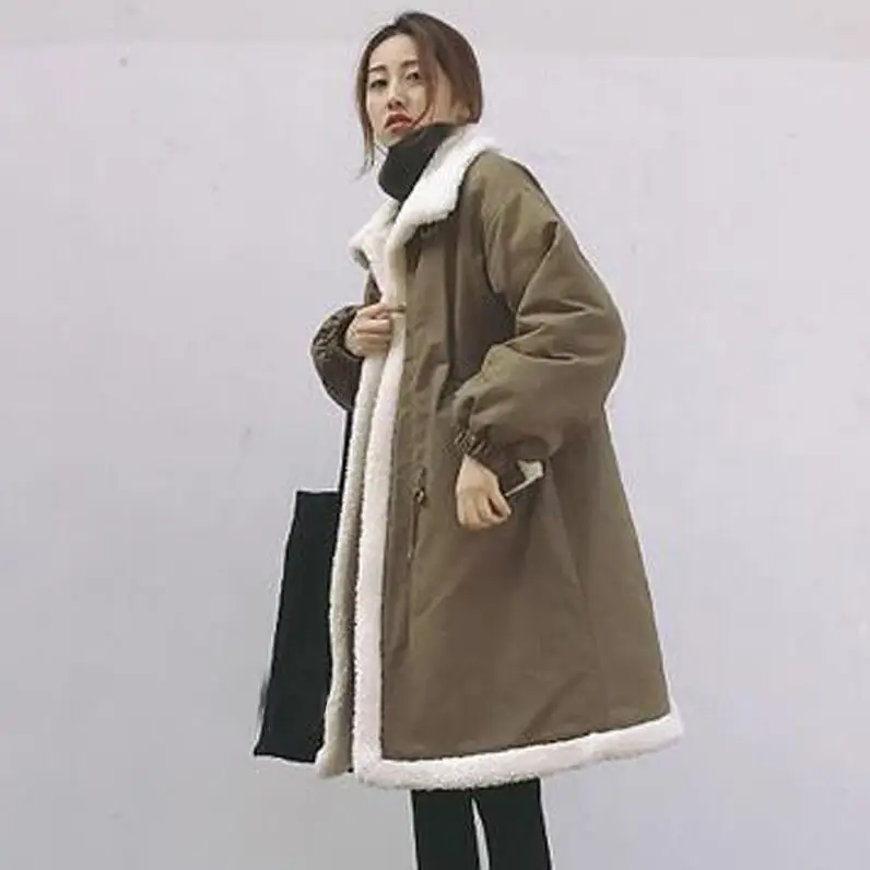green khaki Большие размеры 5XL Женские парки зимние пальто с меховой подкладкой теплые женские средней длины кашемир из флиса пальто с подкладкой верхняя одежда - Цвет: green khaki
