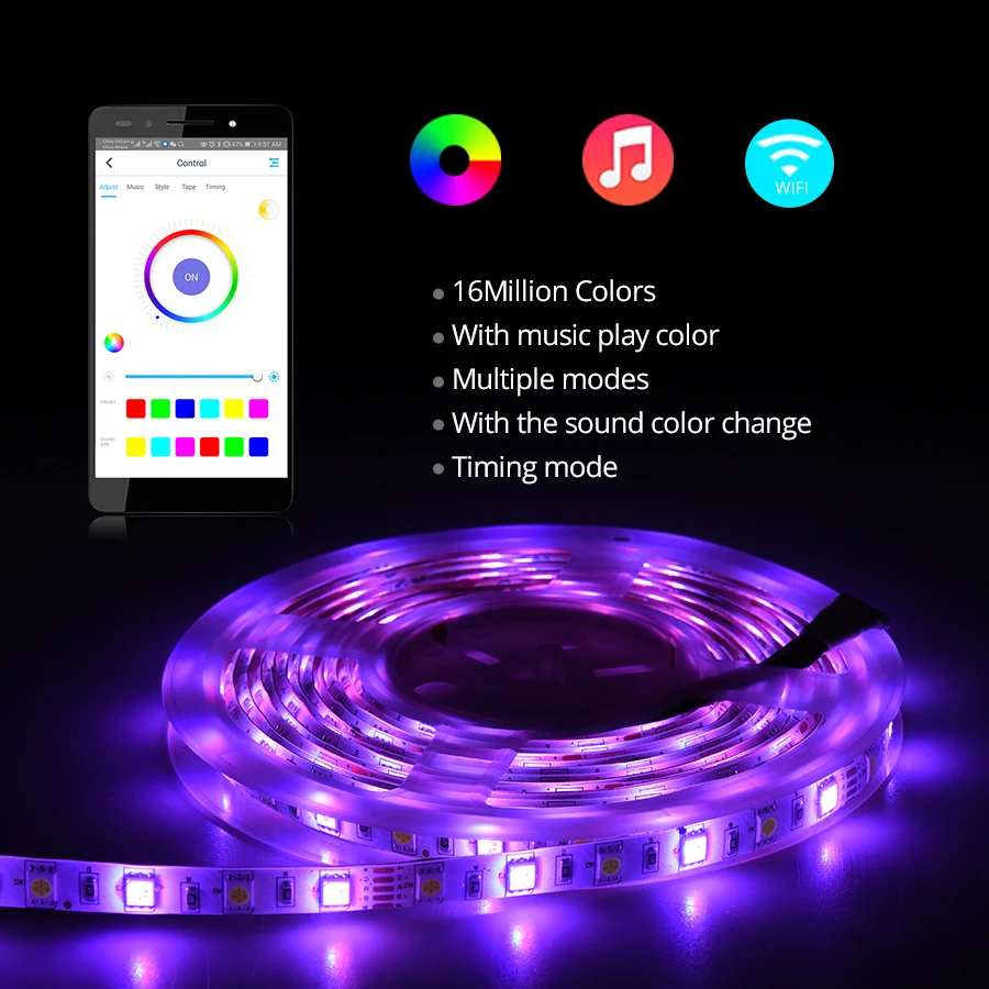 5050 RGB Светодиодная лента WiFi RGBW 5 м 12 В гибкая светодиодная лента световой полосы приложение дистанционное управление работает с Amazon Alexa Google Home
