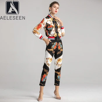 

AELESEEN New Fashion European Casual Twinset Women 2020 Spring Zipper Open Short Tops Jacket + Ankle-Length Nine Pants Suit