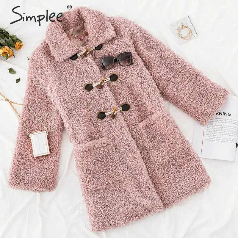 Simplee Теплое зимнее щуба пальто из искусственного меха для женщин Розовыйщуба