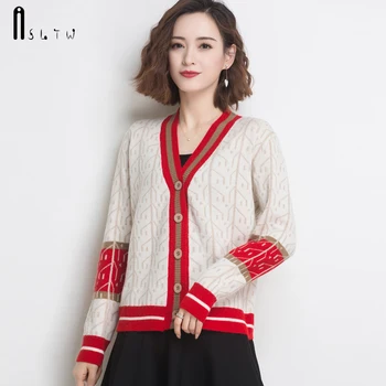 

ASLTW Women's Sweater New Spring Autumn Long Sleeve Patchwork Female Cardigan V Neck Single-breasted Cardigan Women