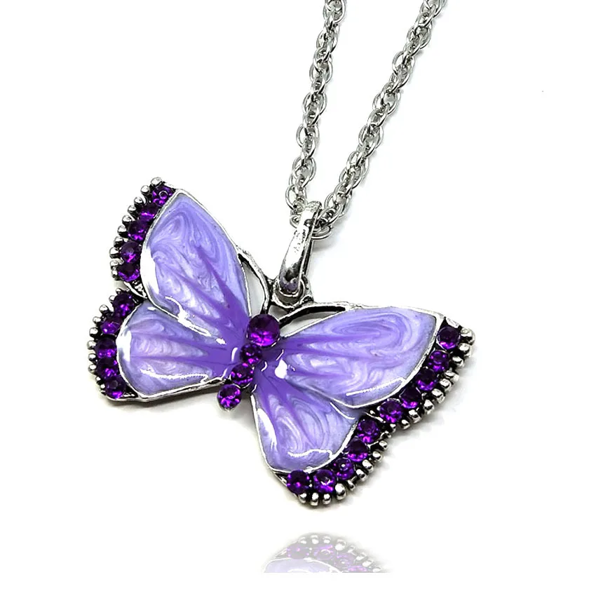 

Korea Cute Rhinestone Enamel Butterfly Necklace Pendant Charm Crystal Clavicle Chain Sweater Chain Necklace Jewelry for Women