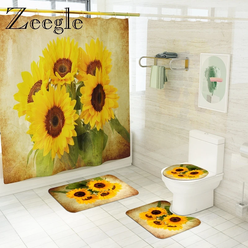 Printed Sunflower Shower Curtain with Bath Mat Set Flannel Shower Room Foot Mat Toilet Rug Bathroom Floor Carpet Set