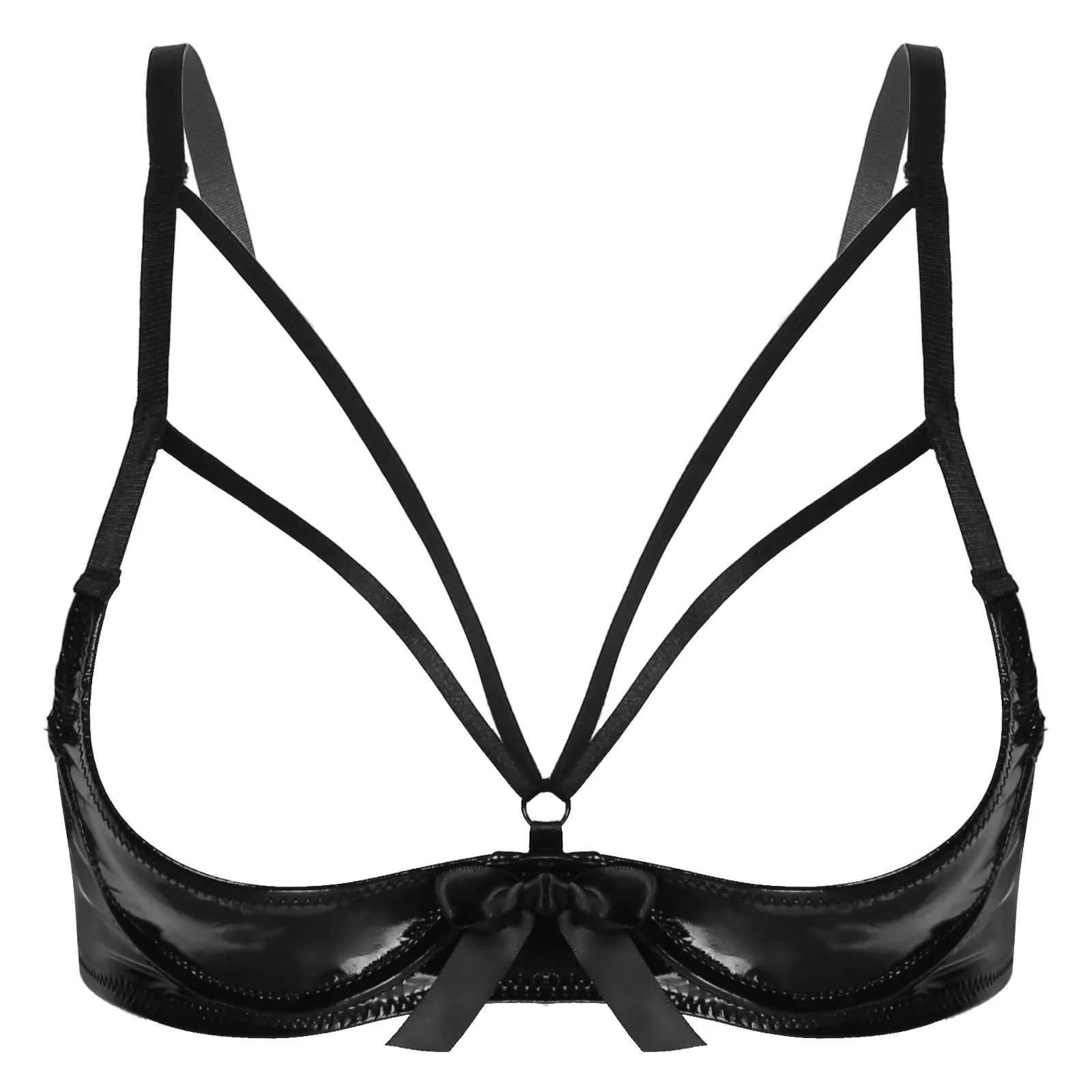 Open Cup Sexy Bras for Women Ladies Lingerie Hot Brassiere Strappy Patent Leather Bowknot Underwired porno Bra Tops Underwear