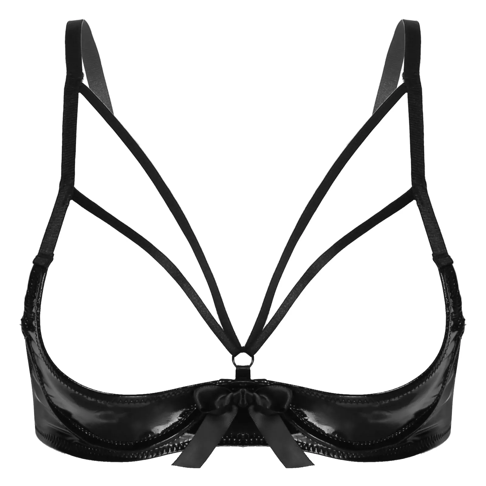 Sexy Womens Strappy Open Cup Bra Tops Patent Leather Bowknot
