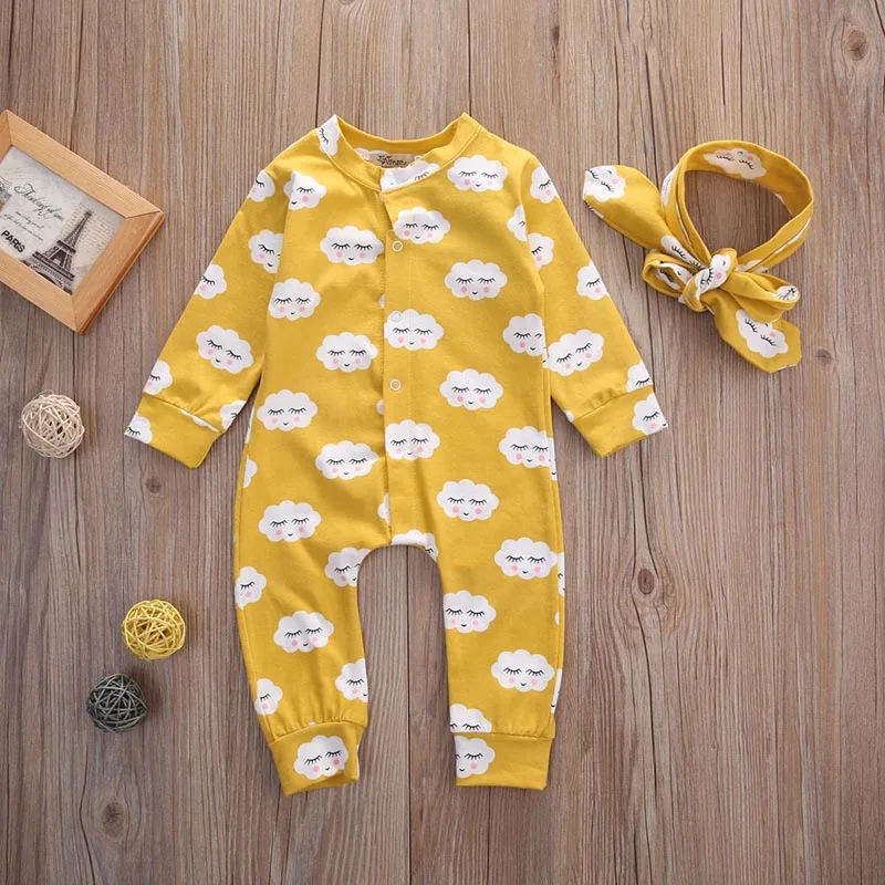 Осенне-зимняя детская одежда для новорожденных; Комбинезон для маленьких девочек; цельный комбинезон с принтом облака; комплект одежды с повязкой на голову