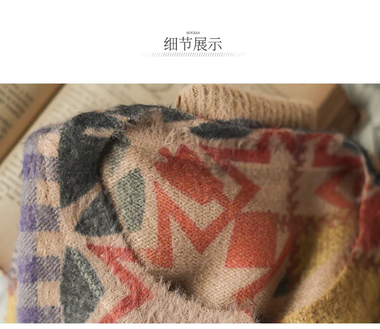 Women Autumn Knitted Jackets Sweaters Female Vintage Knitted Cardigans Coat Ladies Knitwear Print Tops Plaid Coat