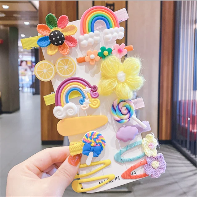 1 Set Of New Girl Cute Cartoon Fruit Animal ColorfulHairpin Iittle Girl Side Clip BB Hairpin Baby Fashion Hair Accessories 14PCS