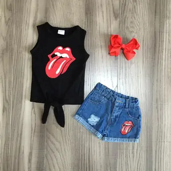 

baby girls clothes kids summer outfits jeans shorts black Tongue waiscoat girls boutique outfits with bow