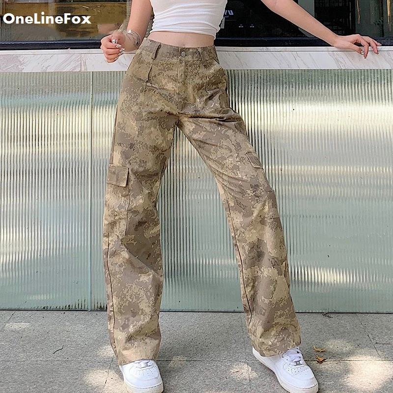 

OneLineFox Desert Camouflage Print Cargo Pants Capris Fashion High Waisted Long Trousers Women Pocket Camo Sweatpants Zipper