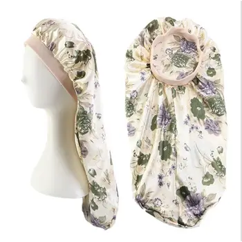 

Women Extra Long Satin Bonnet Sleep Cap Colorful Floral Elastic Band Night Hat