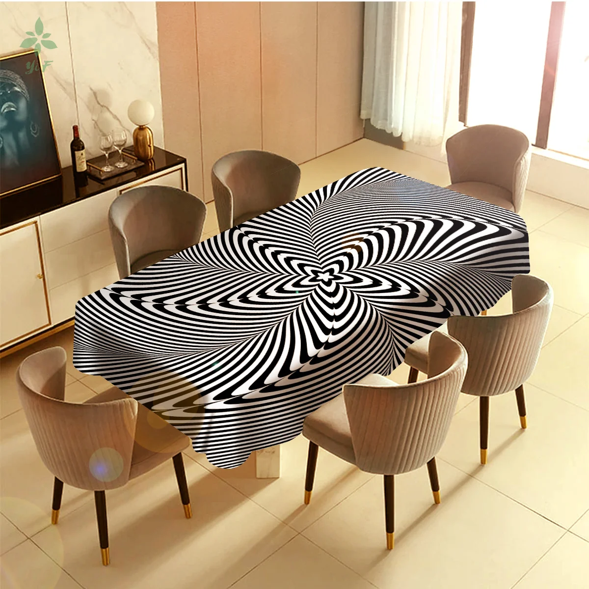 

Black And White Stripe Optical Illusion Art Design Tablecloth Dinning Decor