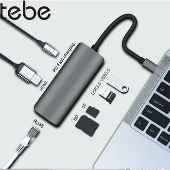 tebe 7 IN 1 USB C Hub Type-C To HDMI RJ45 Gigabit Ethernet USB3.0 SD/TF Docking Station PD Fast Charging Adapter For Macbook 1