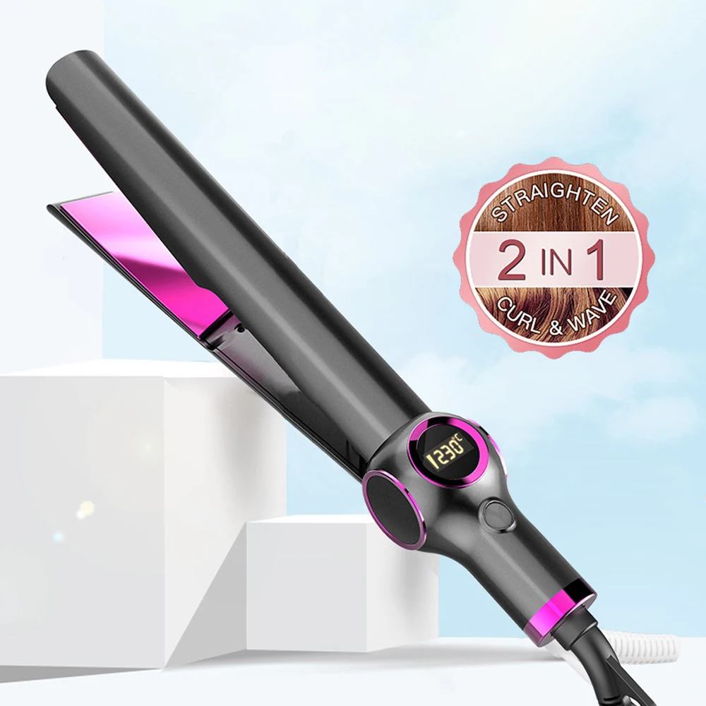 

2 In 1 Hair Curler Straightener Ceramic Unique Heating Plate LCD Screen Display Flat Iron 450℉ Professional Curling Iron Wand