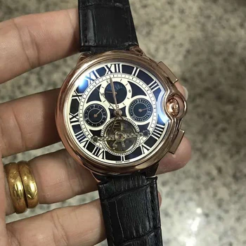 

Rose Gold Skeleton luxury men Automatic self-wind watch Glass open back 44mm 1:1 leather strap AAA quality sweeping wristwatch