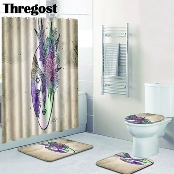 

Thregost Modern Print Bathroom Rug Set 3 Pcs Shower Rug and Shower Curtain Water Absorbent Mat Non slip Microfiber Bath Mats